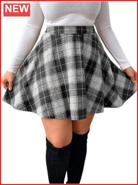 Plus Size Plaid Mini Skirt A-Line Flare Pleated High Waist